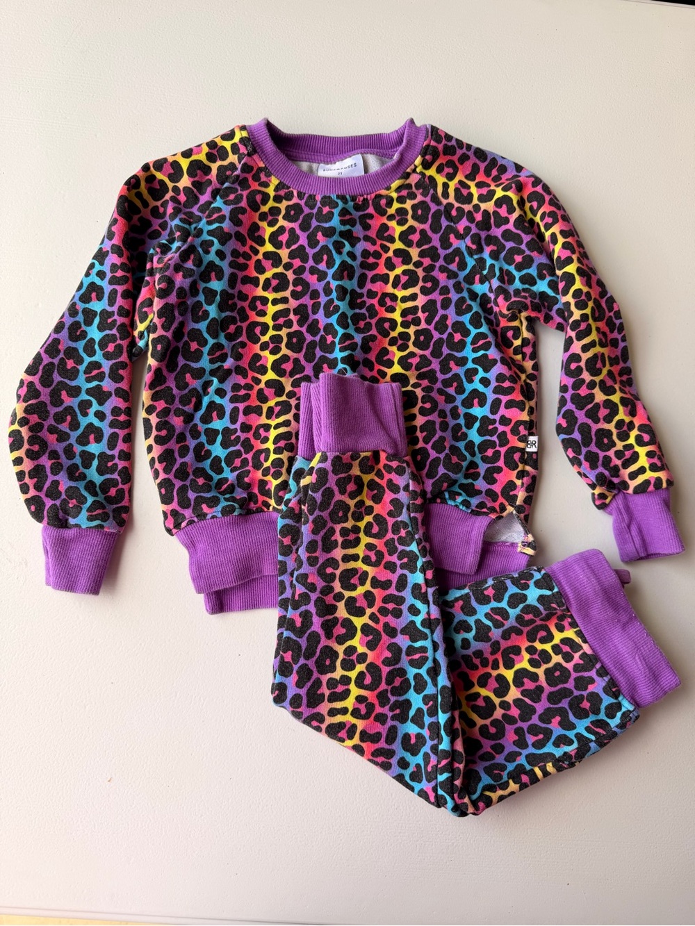 Kids Rainbow Leopard Jogger Set - Purple Trim